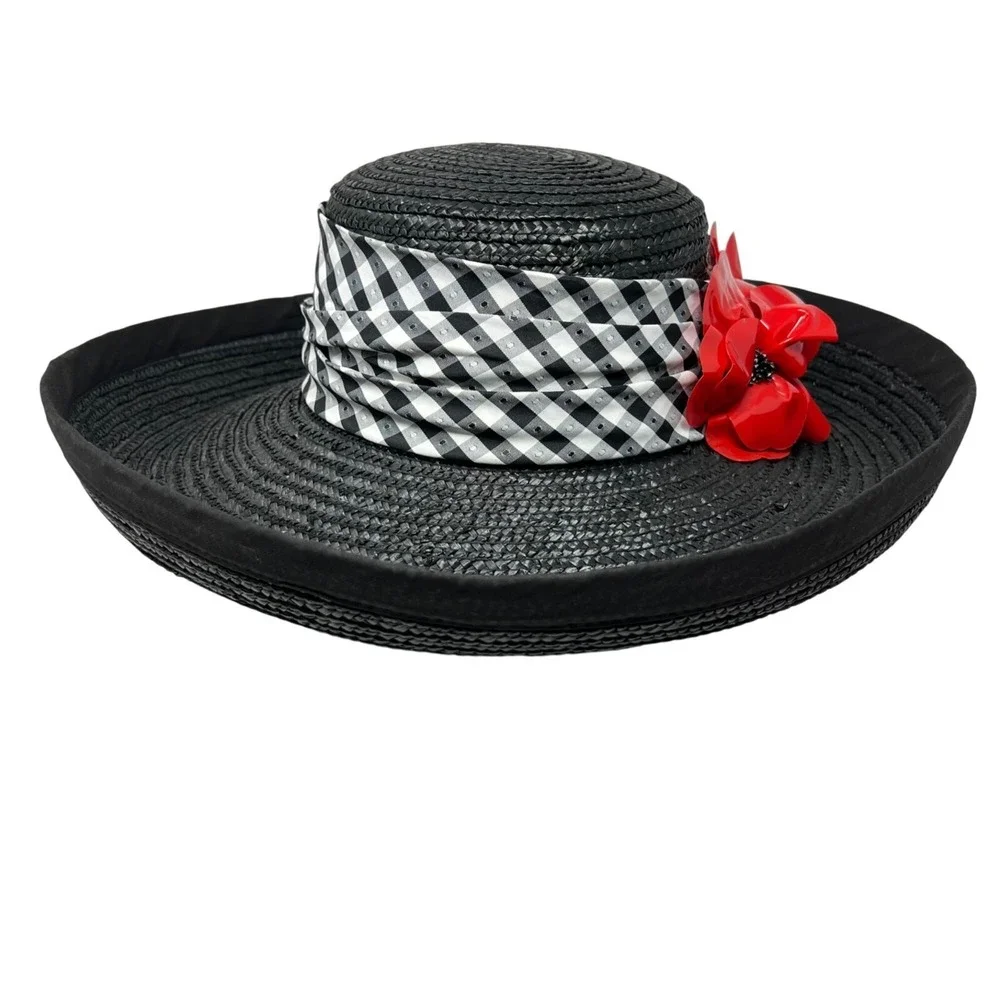 Whittall & Shon Womens Black Wide Brim Hat Red Floral Derby Event Money‎ Maximal